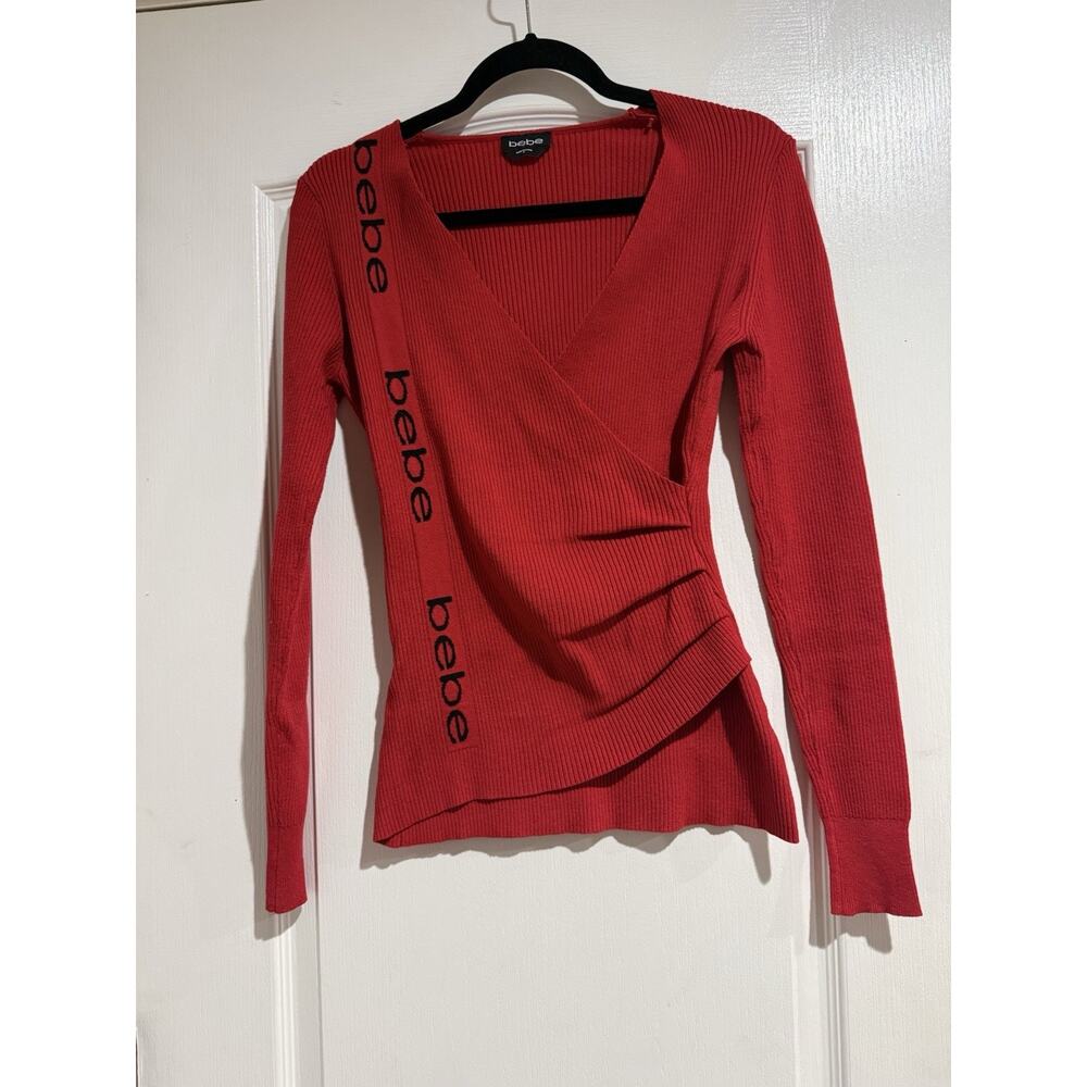 BEBE Red Asymmetric Side LOGO Faux Wrap Ribbed Knit V Neck Sweater Size Small